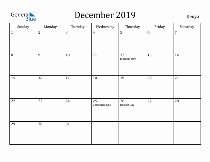 December 2019 Calendar Kenya