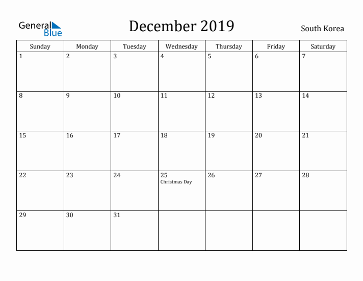 December 2019 Calendar South Korea