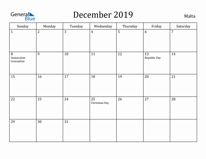 December 2019 Calendar Malta