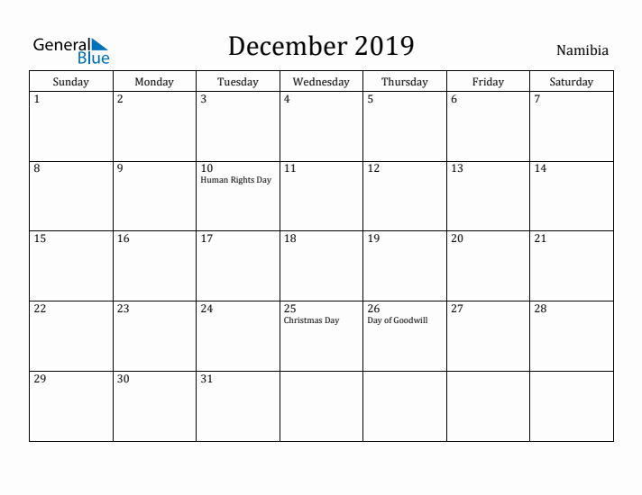 December 2019 Calendar Namibia