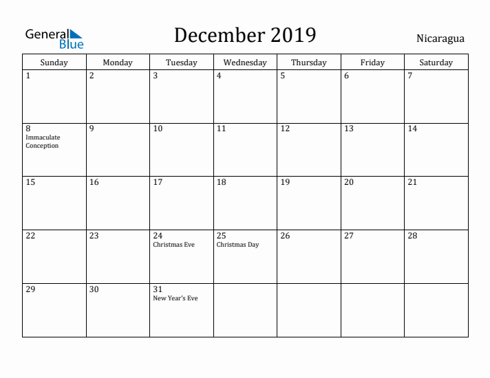 December 2019 Calendar Nicaragua