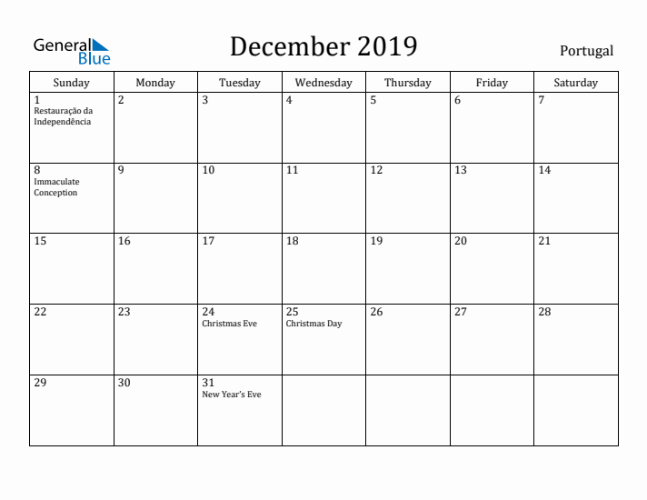 December 2019 Calendar Portugal