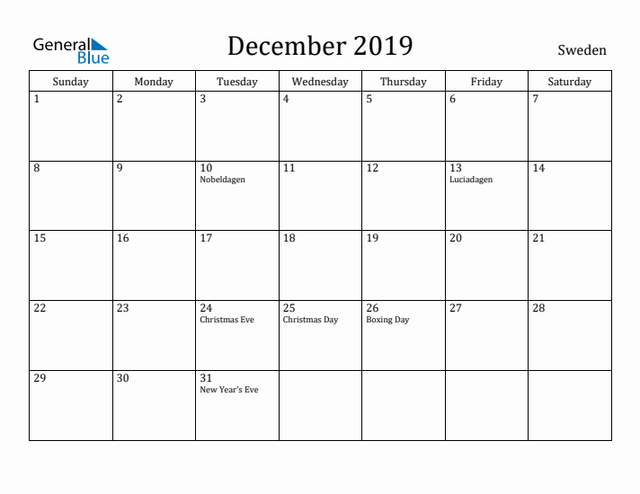 December 2019 Calendar Sweden