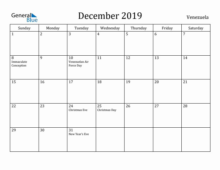 December 2019 Calendar Venezuela