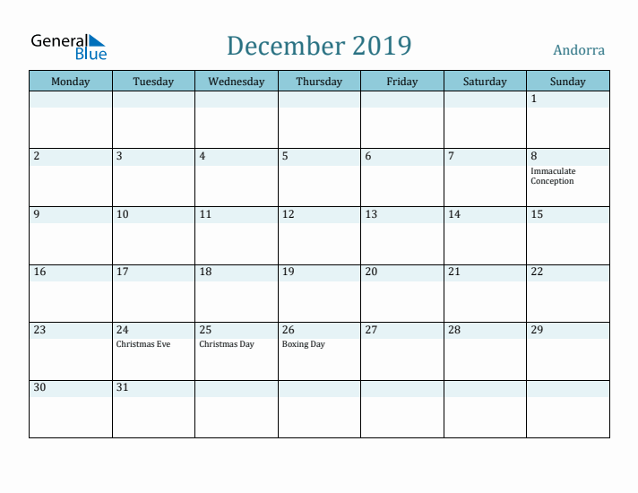 December 2019 Calendar with Holidays