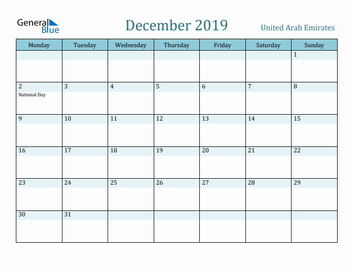 December 2019 Calendar with Holidays