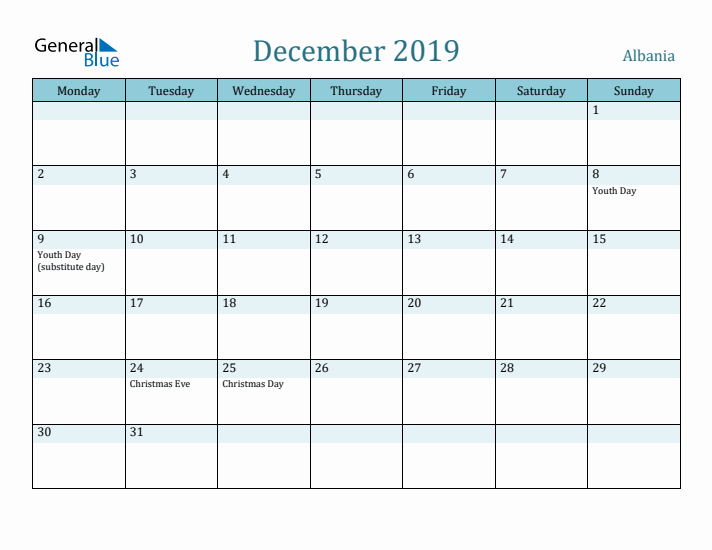 December 2019 Calendar with Holidays