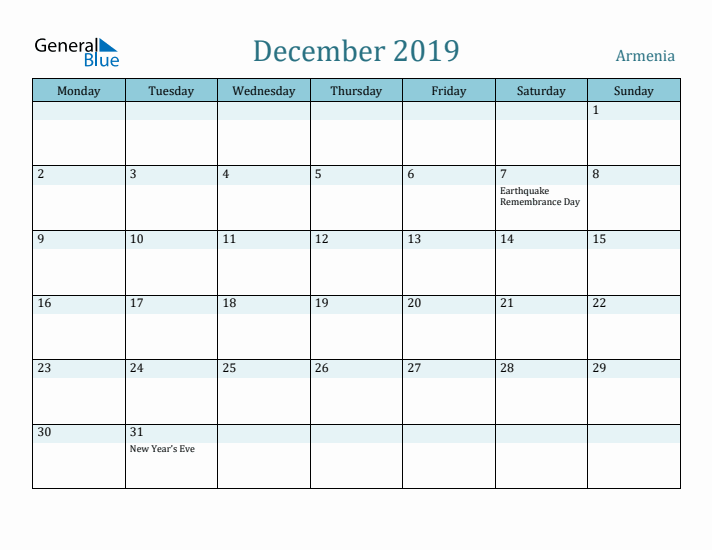 December 2019 Calendar with Holidays