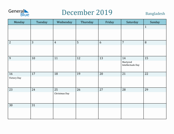 December 2019 Calendar with Holidays