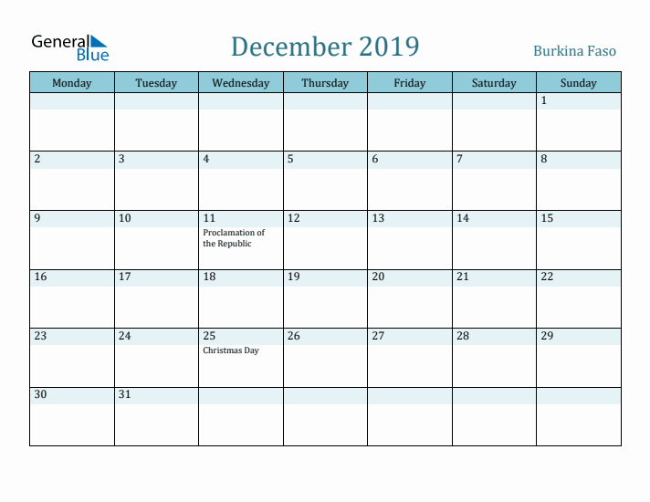 December 2019 Calendar with Holidays