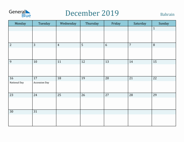 December 2019 Calendar with Holidays