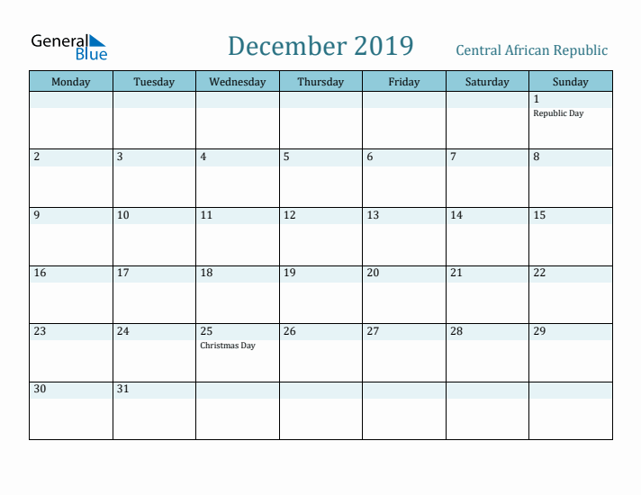 December 2019 Calendar with Holidays