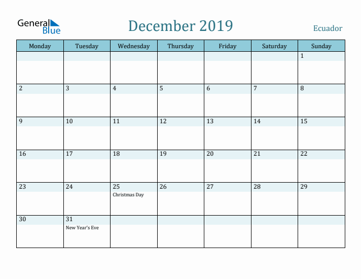 December 2019 Calendar with Holidays