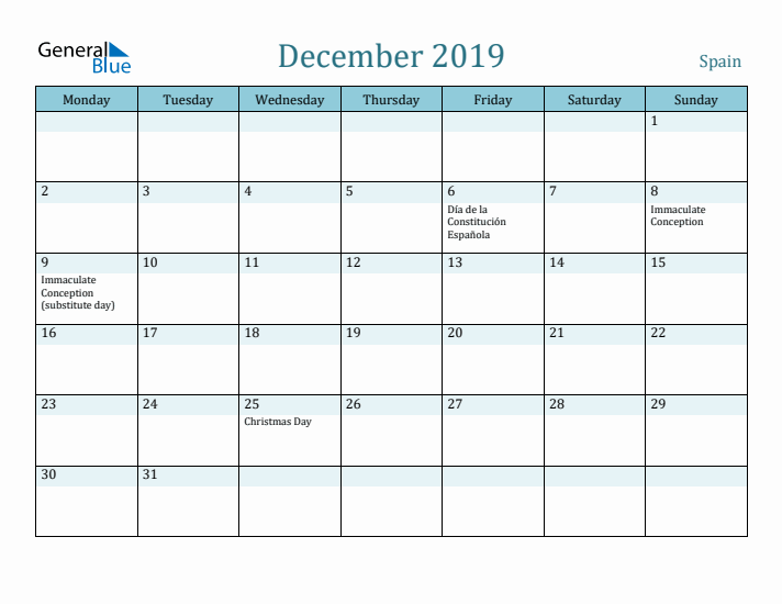 December 2019 Calendar with Holidays