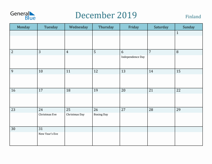 December 2019 Calendar with Holidays