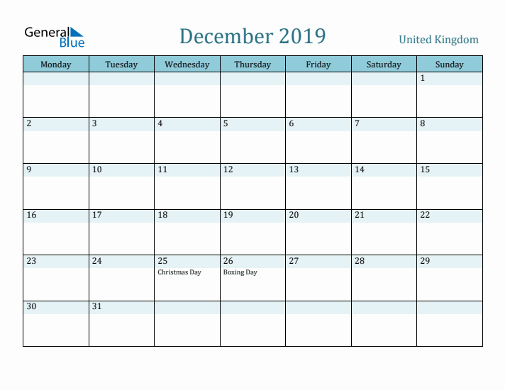 December 2019 Calendar with Holidays