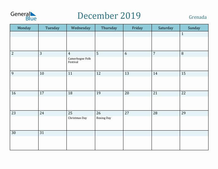 December 2019 Calendar with Holidays