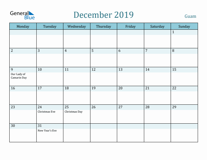 December 2019 Calendar with Holidays