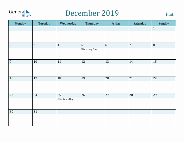 December 2019 Calendar with Holidays