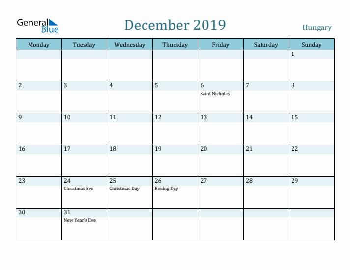 December 2019 Calendar with Holidays