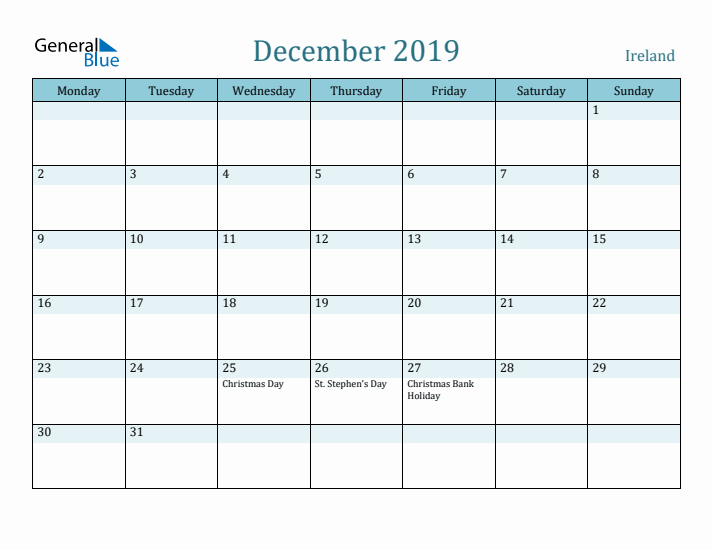 December 2019 Calendar with Holidays