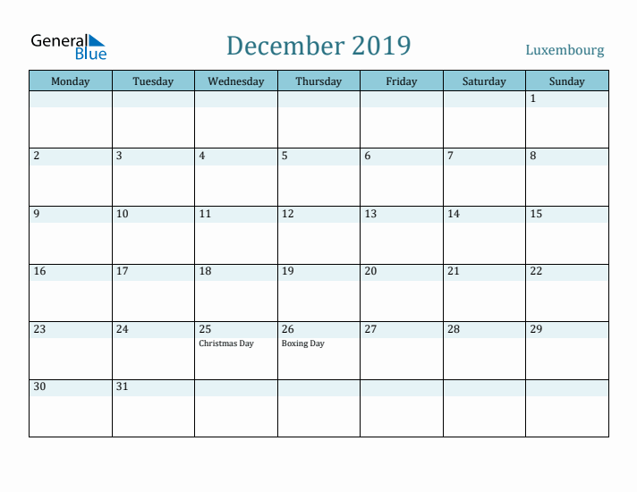 December 2019 Calendar with Holidays