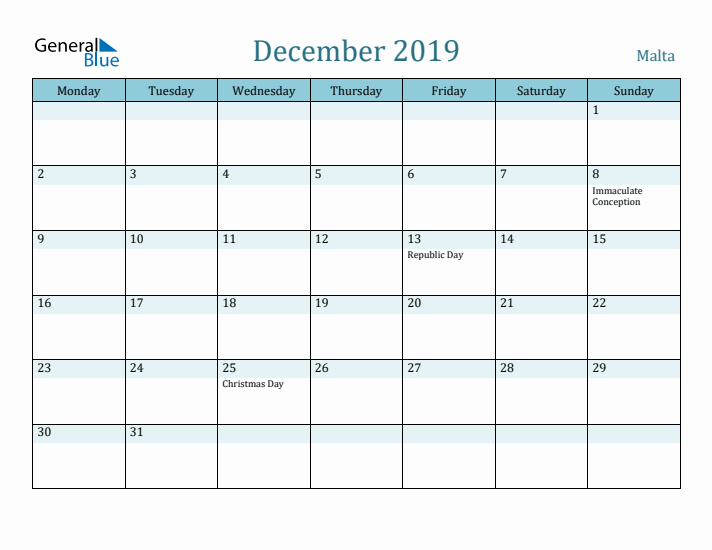 December 2019 Calendar with Holidays