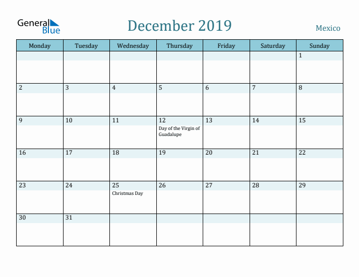 December 2019 Calendar with Holidays