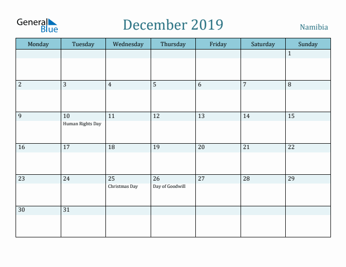 December 2019 Calendar with Holidays