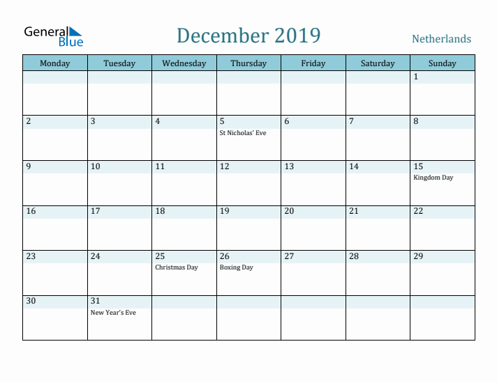 December 2019 Calendar with Holidays