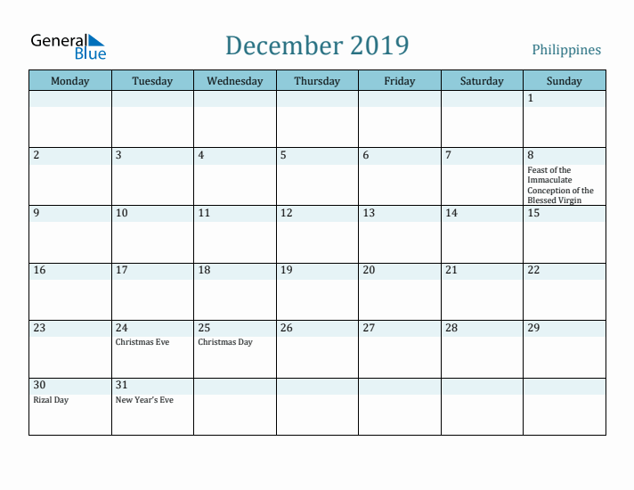 December 2019 Calendar with Holidays