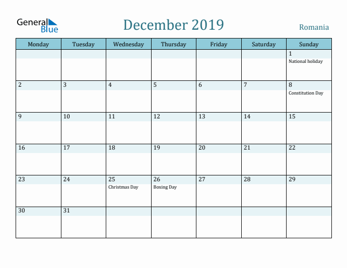 December 2019 Calendar with Holidays