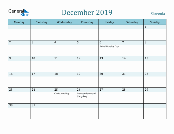 December 2019 Calendar with Holidays