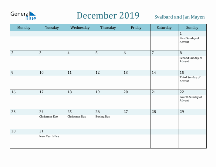 December 2019 Calendar with Holidays