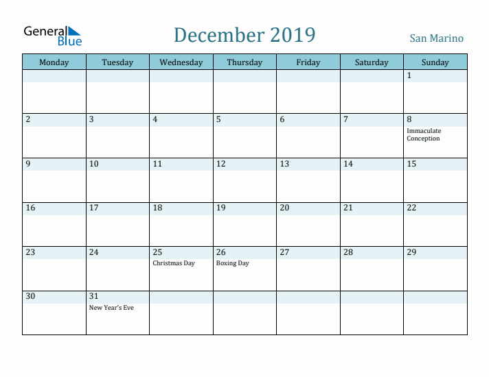 December 2019 Calendar with Holidays