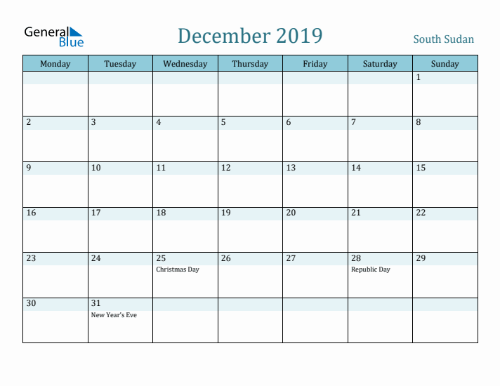 December 2019 Calendar with Holidays