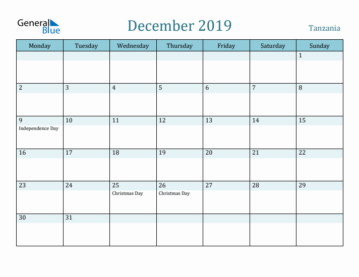 December 2019 Calendar with Holidays