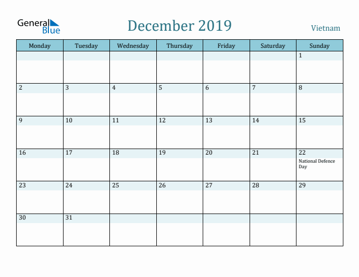 December 2019 Calendar with Holidays