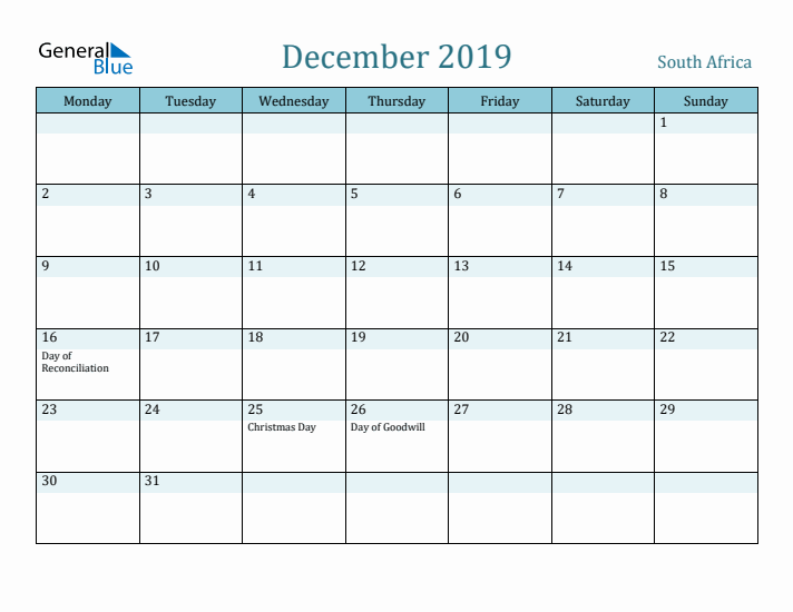 December 2019 Calendar with Holidays