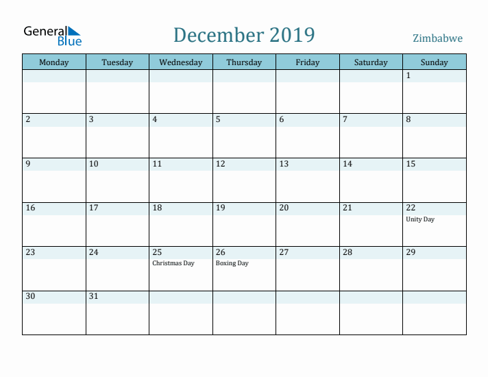 December 2019 Calendar with Holidays