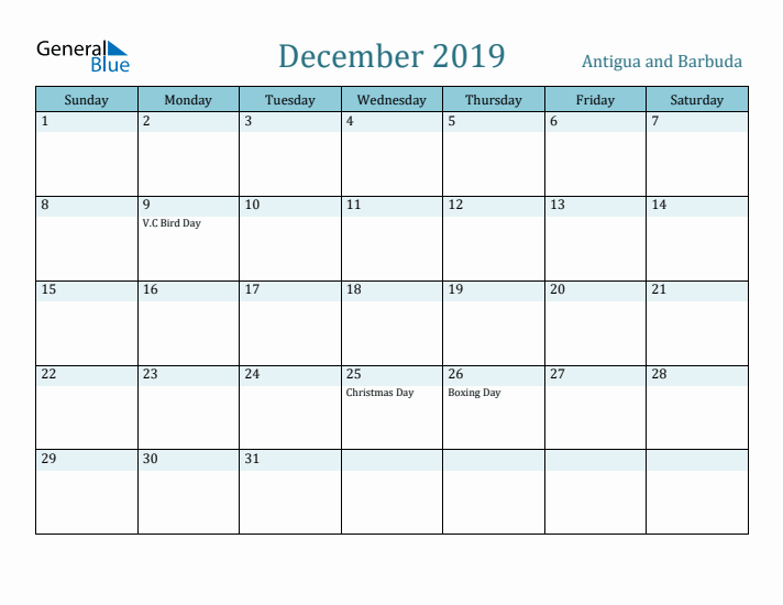 December 2019 Calendar with Holidays