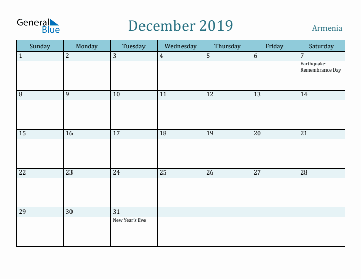 December 2019 Calendar with Holidays