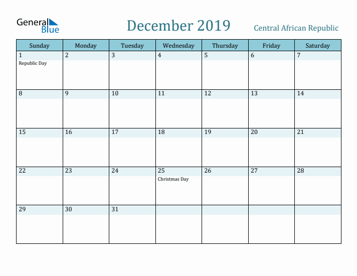 December 2019 Calendar with Holidays