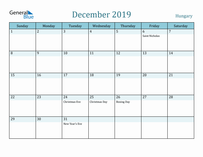 December 2019 Calendar with Holidays