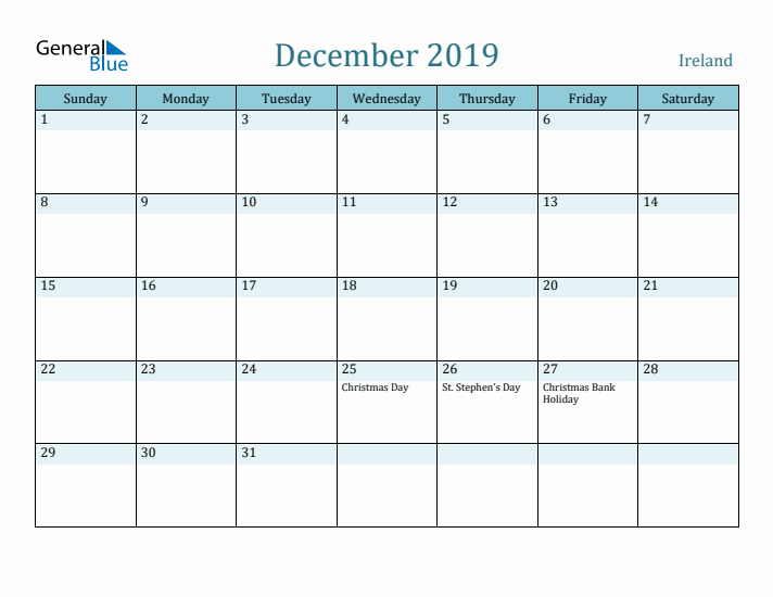 December 2019 Calendar with Holidays