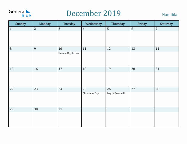 December 2019 Calendar with Holidays