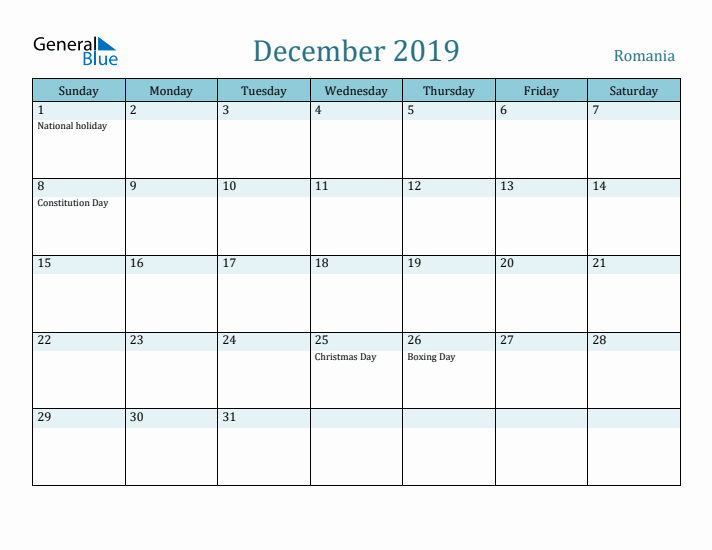 December 2019 Calendar with Holidays