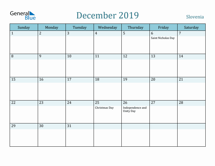 December 2019 Calendar with Holidays