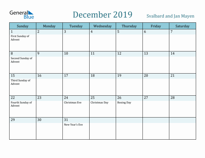 December 2019 Calendar with Holidays