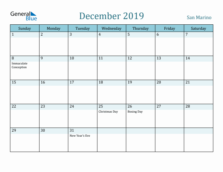 December 2019 Calendar with Holidays